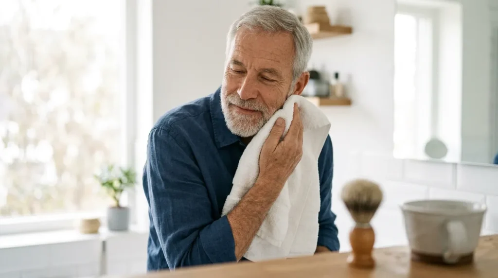 Men Who Stay Respected into Their 80s Quietly Do These 10 Things Every Day 1 Man holding towel to face 20261003142044 1